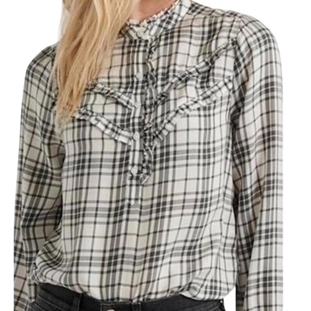 Lucky Brand Plaid Ruffle Mock Neck Blouse M Check Yoke Western Academia